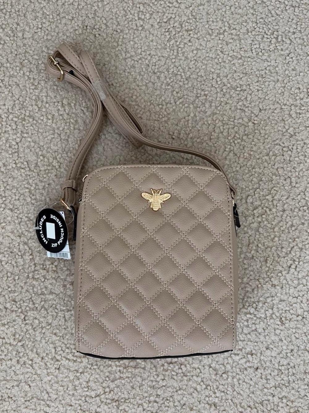 Quilted Taupe Crossbody Bag with Gold Bee Accent